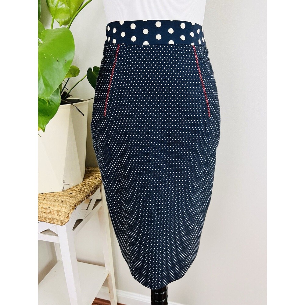 Anthropologie Baraschi Navy Blue & White Polka Dot Pencil Skirt Retro Vibes Sz 6